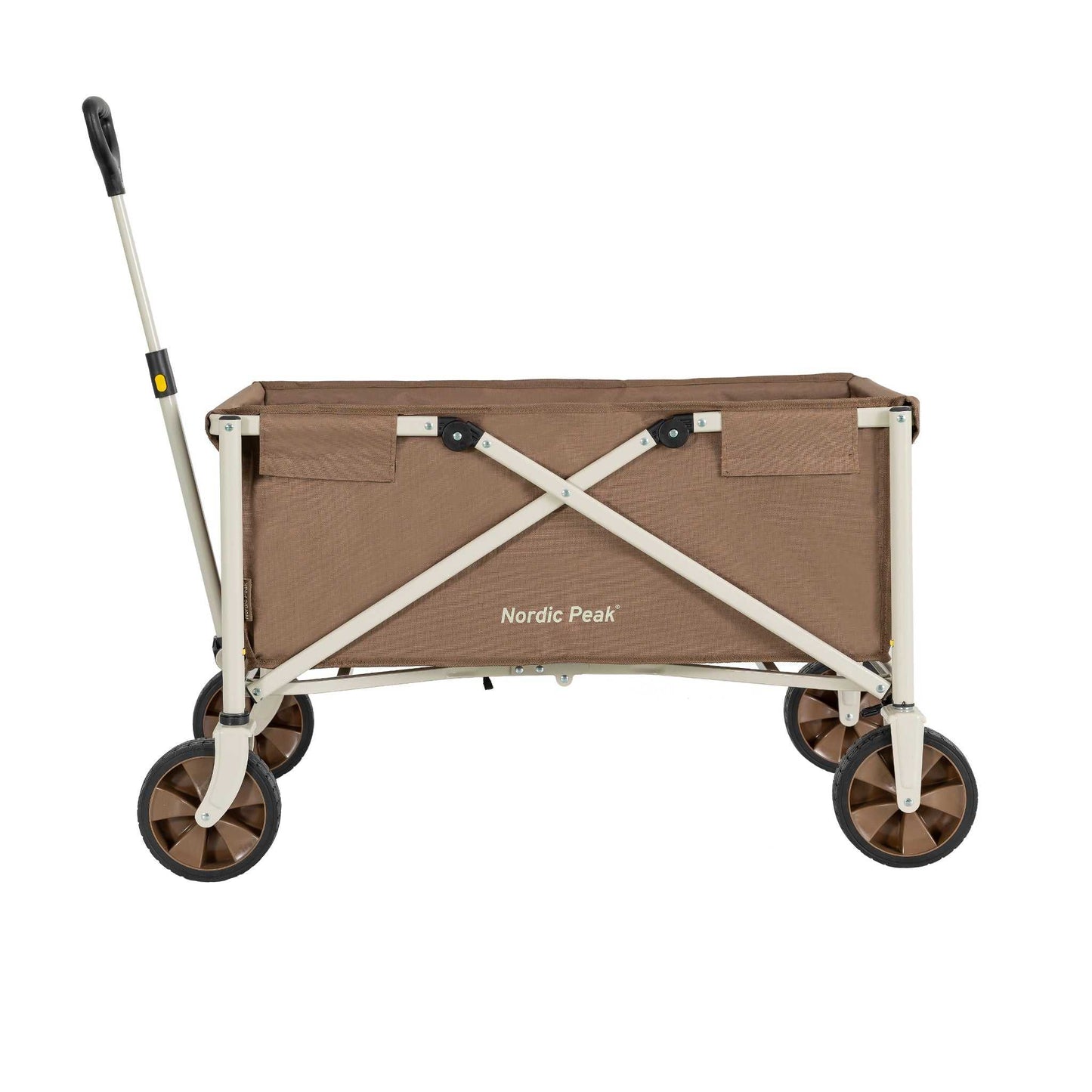 Foldbar trækvogn med stål stel og PVC hjul, kapacitet 80 kg, grøn og brun.