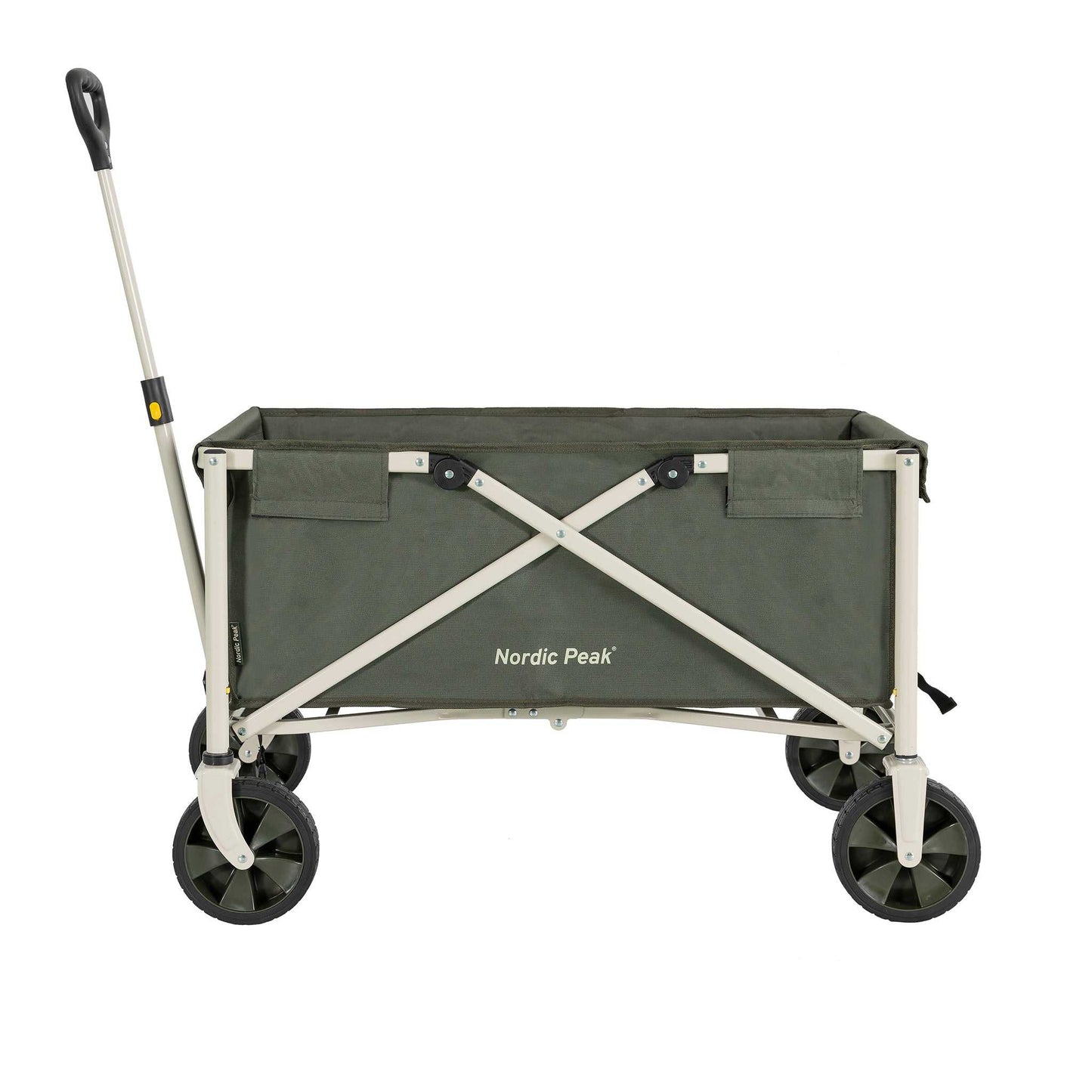 Foldable green and brown trækvogn with steel frame and PVC wheels, 80 kg capacity.