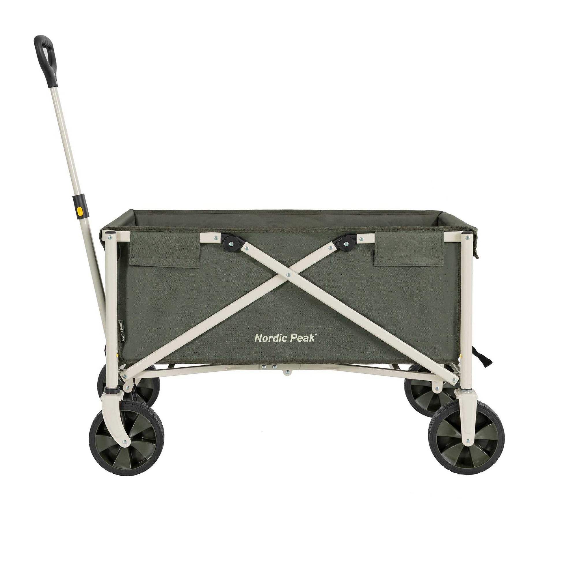Foldable green and brown trækvogn with steel frame and PVC wheels, 80 kg capacity.