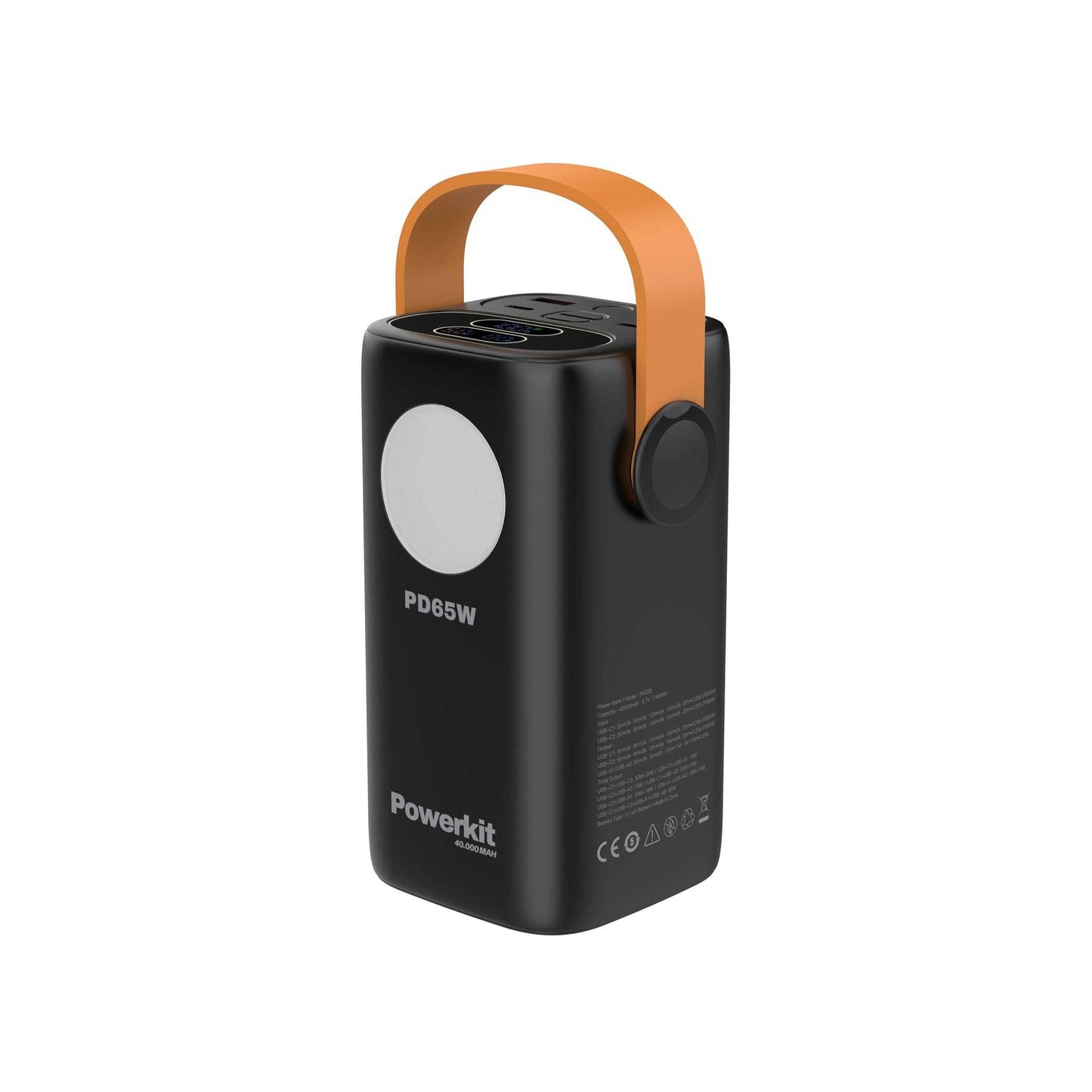 Power Station 40.000 mAh bærbar oplader med lynladning, indbygget display og lommelygte, kan oplade 3 enheder samtidigt, sort med orange håndtag