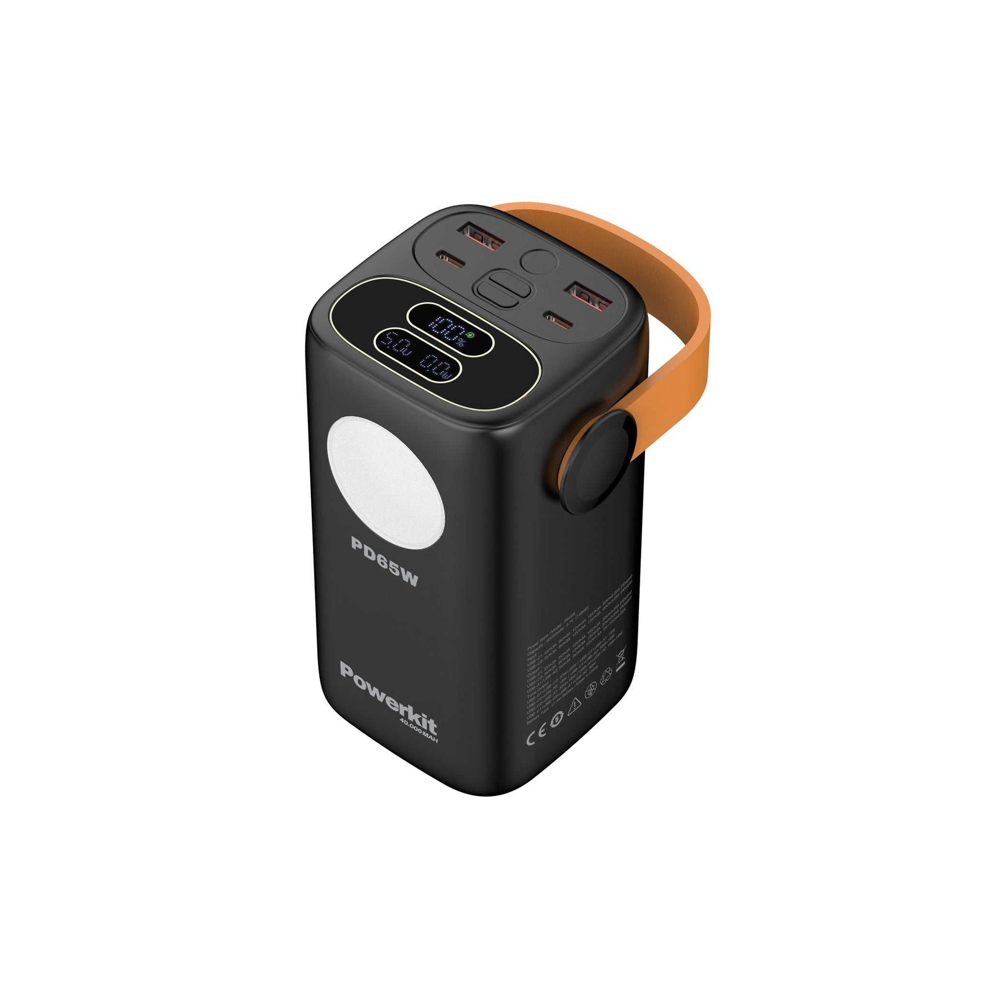 Power Station 40.000 mAh med lynladning, indbygget display, USB-A og USB-C, mulighed for opladning af 3 enheder samtidigt, indbygget lommelygte og 65W maksimal ladehastighed.