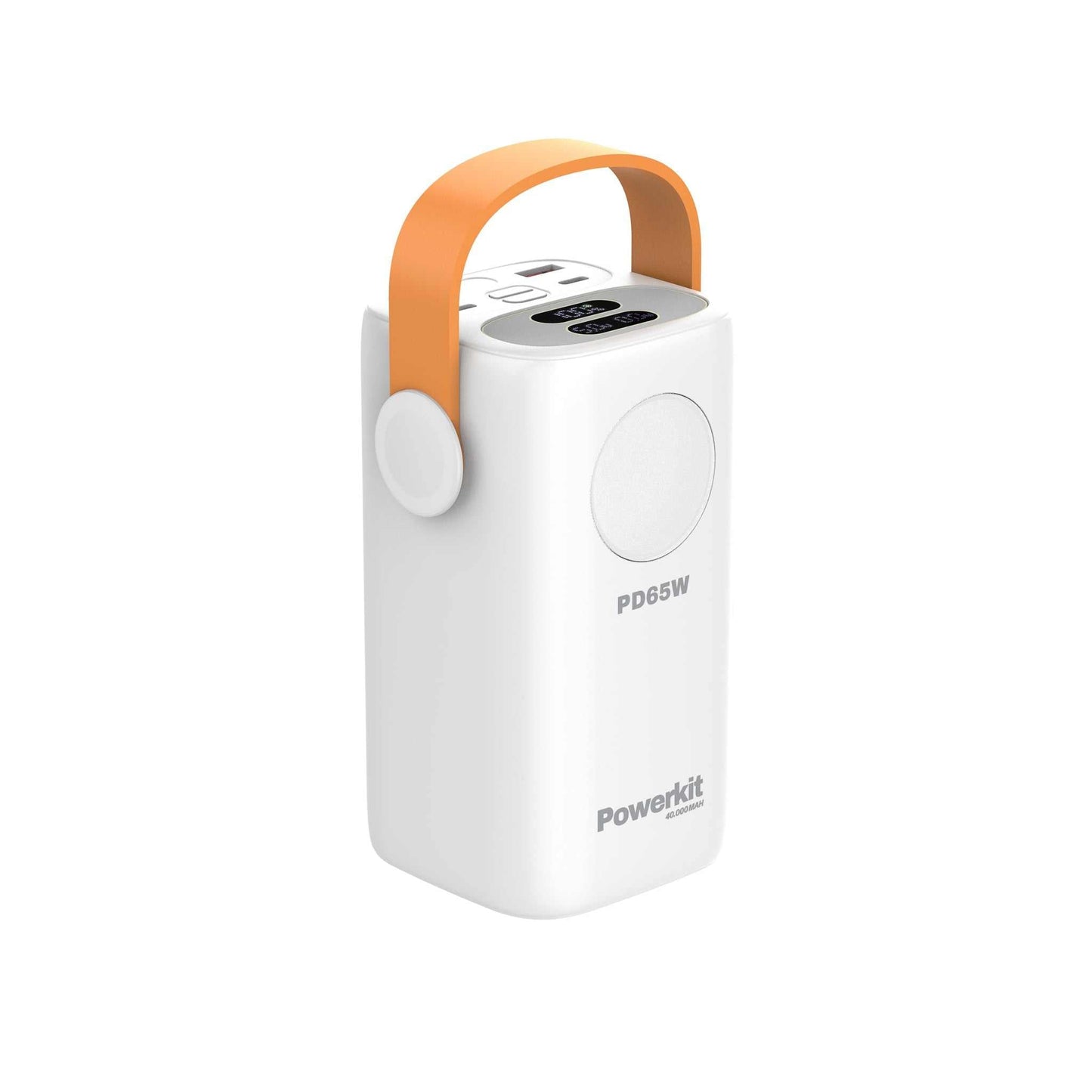 Power Station 40.000 mAh bærbar oplader med lynladning, indbygget display, USB-A og USB-C porte, lommelygte og håndtag.