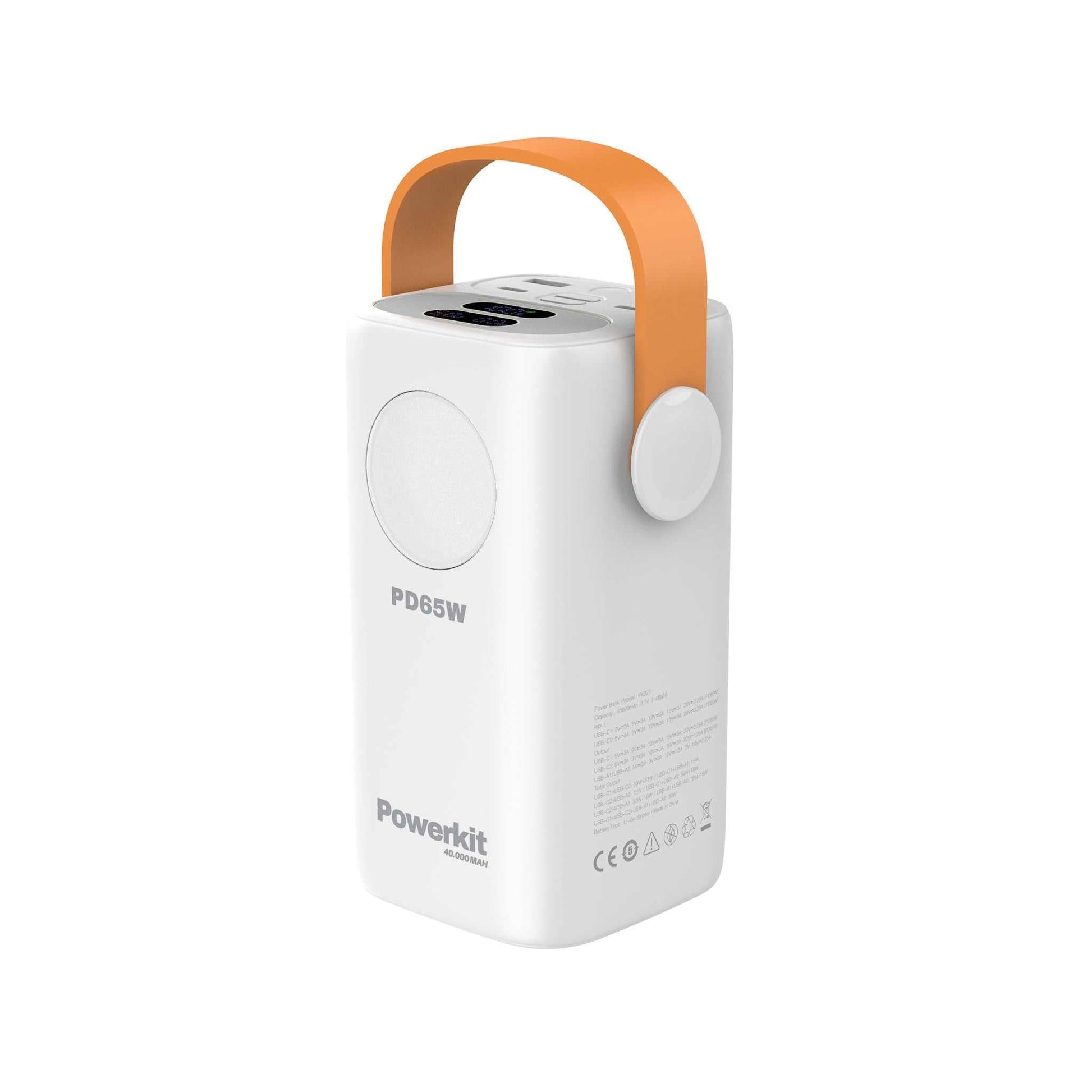 Hvid Power Station 40.000 mAh powerbank med lynladning, indbygget display og orange bærerem