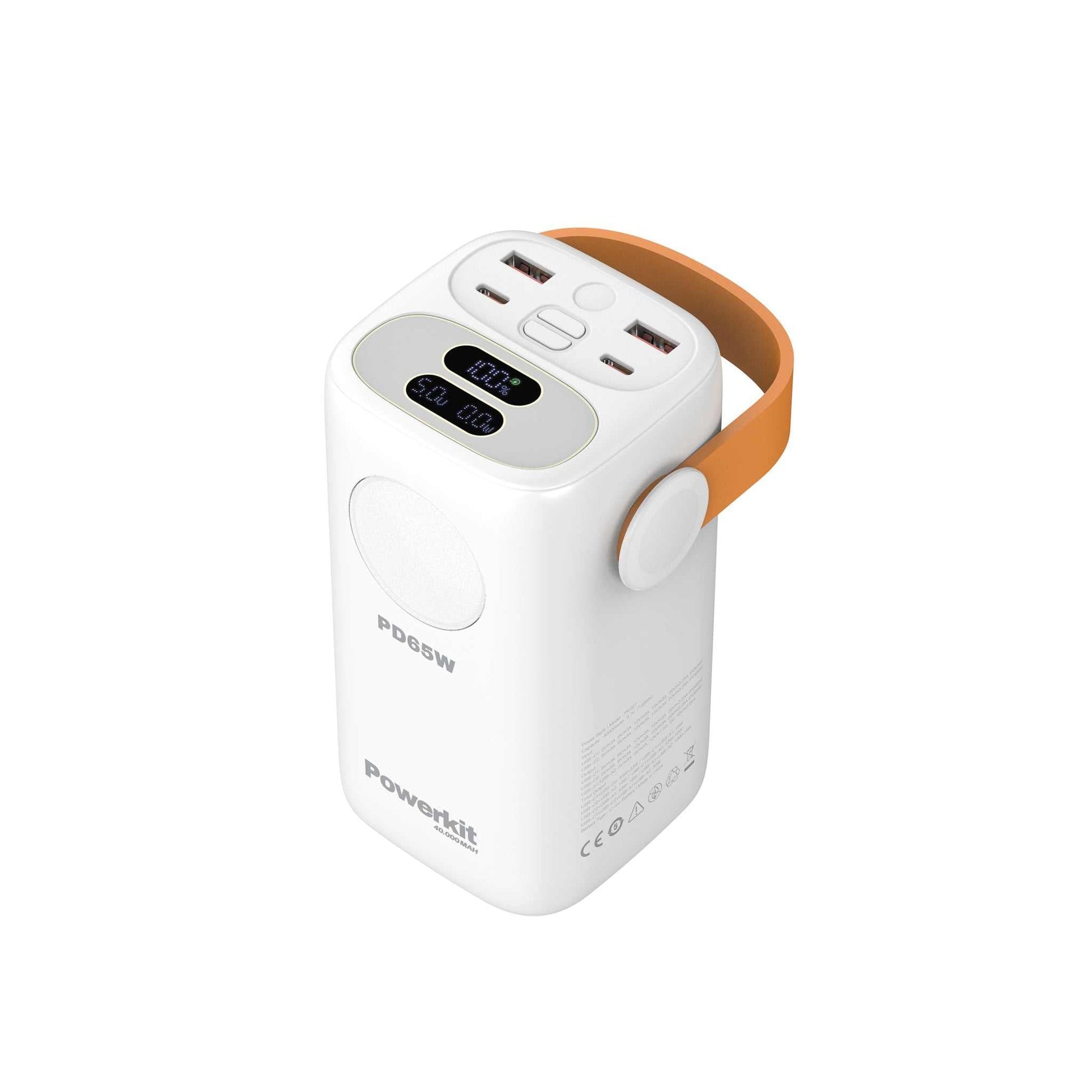 Power Station 40.000 mAh med lynladning, indbygget display, tre USB-porte og kraftig lommelygte, bærbar ekstern oplader til smartphones og tablets.